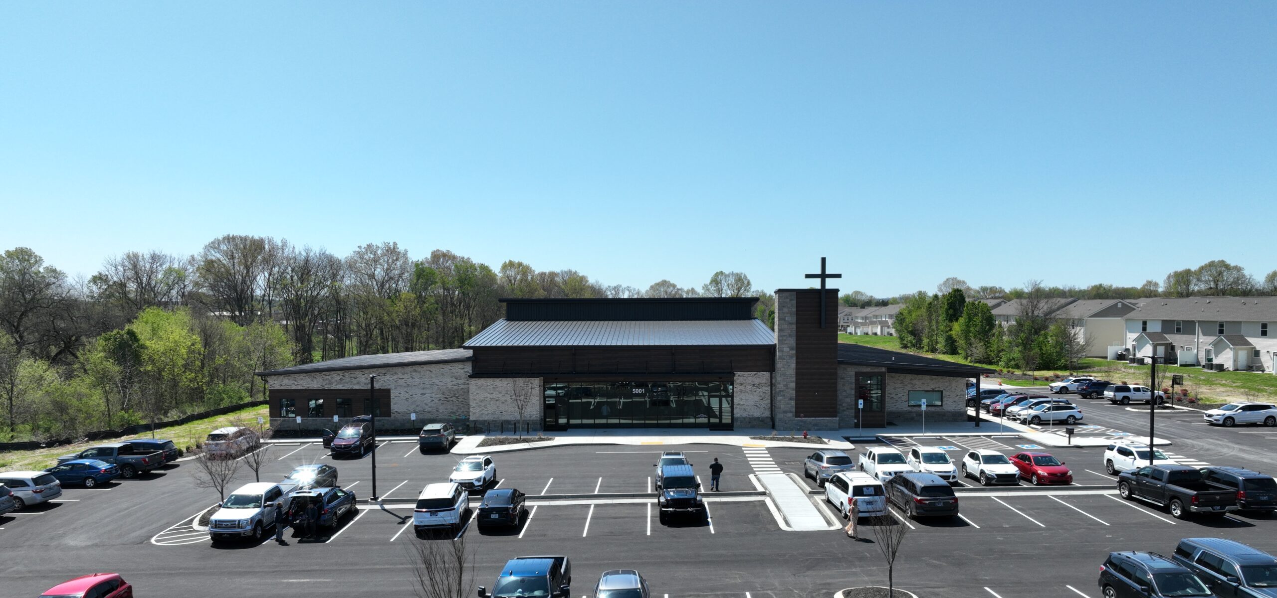Aerial view of Community Baptist Church and its grounds in Spring Hill, TN